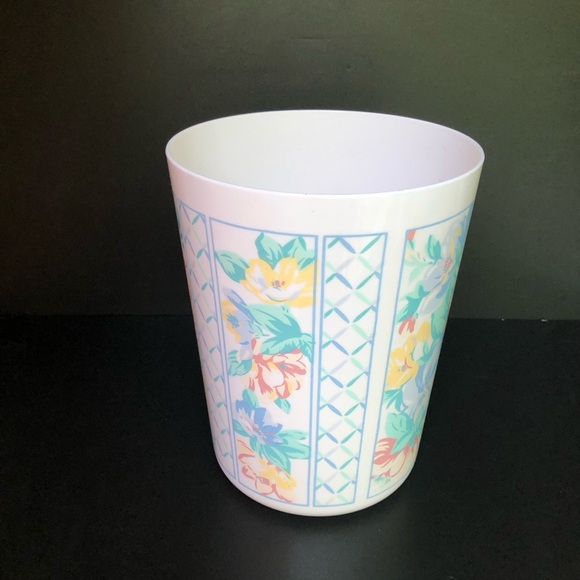 Vintage 90s Floral Trash Can Small White Plastic Retro Grandmacore Wastebasket - Picture 2 of 7